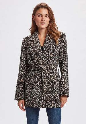 Leopard-print wrap coat featuring long sleeves, a belted waist, and a soft, textured fabric in black, tan, and gold accents.