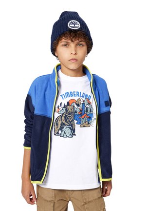 Veste en polaire bleue et Marine avec des accents jaunes, associée à un t-shirt graphique blanc présentant un design de montagnes et d'ours. Bonnet côtelé marine.