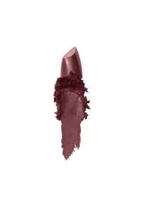 Matte burgundyläppstift med en glänsande kulform, åtföljt av en suddig strimma som avslöjar en krämig textur och rik pigmentering.