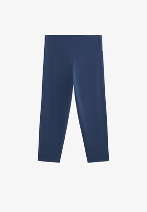 Marineblauwe, knielange legging gemaakt van rekbaar materiaal met een brede, platte tailleband en een gladde textuur, ontworpen voor comfort en bewegingsgemak.