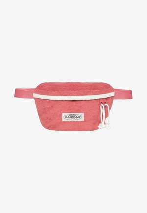Pinkfarbene Eastpak Gürteltasche aus Frottee mit weißem Reißverschluss und verstellbarem Riemen, mit Eastpak-Logo-Aufnäher vorne.