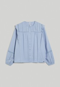 Hellblaues Hemd mit Knopfleiste, rundem Ausschnitt, gerafften Schulternähten, vertikalen Steppakzenten und gesammelten langen Ärmeln.