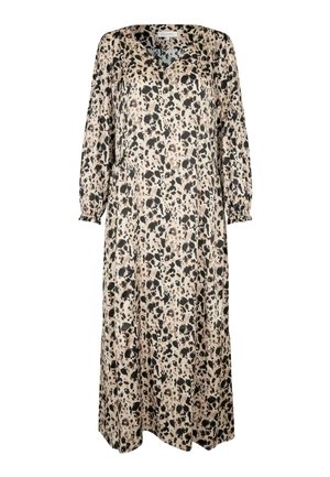 Robe longue beige avec imprimé animal noir et marron, col en V, manches longues et poignets élastiques.