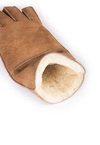 Brown suede glove with an open cuff, lined with soft cream-colored shearling. Features three finger openings and stitched seams.