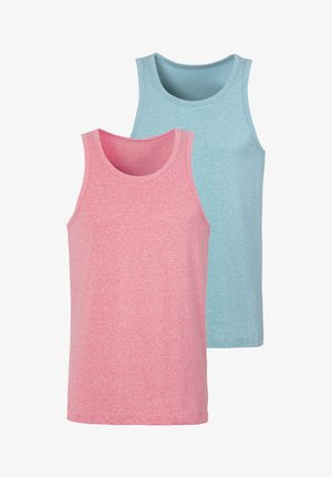 Zwei Tanktops: eines in Pink und eines in Hellblau. Beide haben eine weiche, melierte Textur mit Rundhalsausschnitt und ärmellosem Design.
