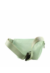 Sac bandoulière en nylon vert menthe avec sangle en tissu réglable et boucle en plastique. Texture lisse, design minimaliste et fermeture zippée.