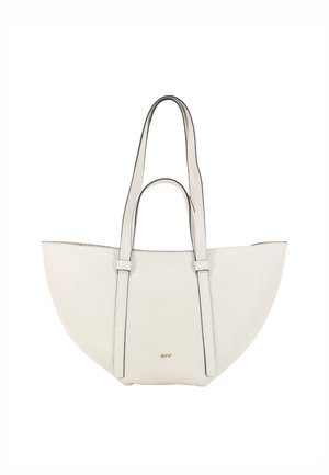 White leather tote bag with a textured finish, wide body, and two long handles. Features minimalistic design and embossed logo on the front.