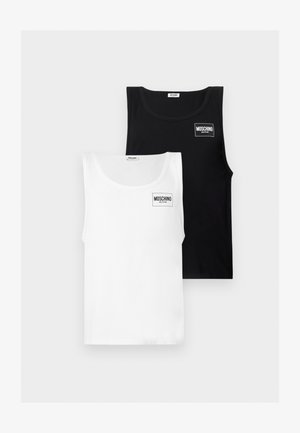 Canotte senza maniche nere e bianche con il logo "Moschino Active" sul petto in alto a sinistra, adagiate distese su uno sfondo chiaro.