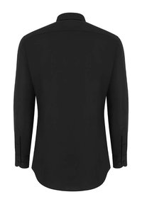 Czarna koszula z długim rękawem z kołnierzykiem, mankietami na guziki i gładką teksturą. Tył jest gładki, bez wzorów czy zdobień.