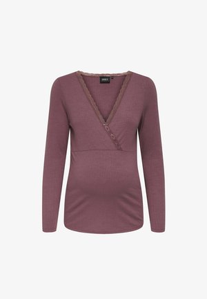 Maglietta a maniche lunghe a coste in mauve con scollatura a V e delicate rifiniture in pizzo. Presenta un design semi-attillato, una consistenza morbida e una leggera elasticità.