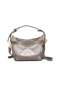 Sac en bandoulière en cuir brun et tissu avec un motif de carte vintage abstrait, quincaillerie dorée et bandoulière réglable.