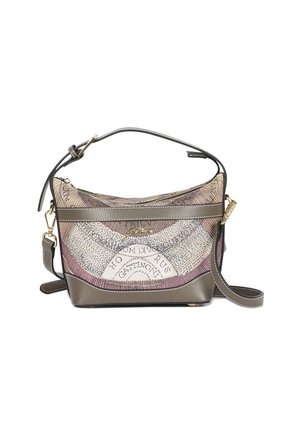 Borsa a spalla in pelle marrone e tessuto con motivo mappa vintage astratto, hardware dorato e tracolla regolabile.