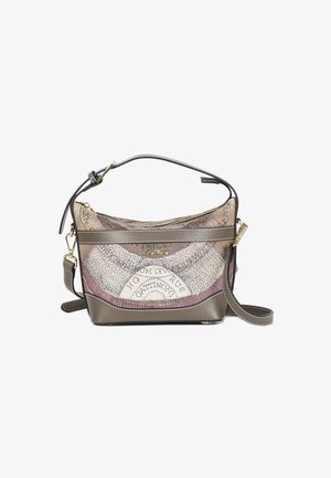 Braune Leder- und Stofftasche mit einem abstrakten Vintage-Kartenmuster, goldenen Beschlägen und verstellbarem Tragriemen.