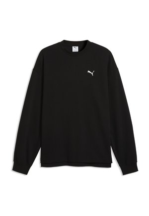 T-shirt noir à manches longues à col rond avec un petit logo blanc Puma sur le côté gauche de la poitrine.
