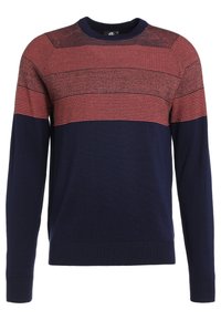 Gestreifter Strickpullover in Marineblau und Rot mit rundem Halsausschnitt und gerippten Bündchen. Verfügt über strukturierte Muster im oberen Bereich und einen glatten unteren Bereich.