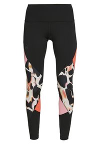 Černé sportovní legíny s barevným abstraktním vzorem v růžové, korálové a krémové barvě. Vysoký pas s kontrastním panelem a švy.