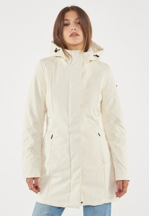 Parka color crema con cappuccio, caratterizzata da dettagli in zip neri e una silhouette slanciata. Realizzata in un tessuto liscio e durevole con una finitura opaca.