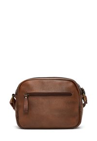 Sac bandoulière en cuir marron de forme rectangulaire, avec une surface texturée et une poche zippée à l'avant. Il dispose d'une sangle réglable et de quincaillerie en laiton.