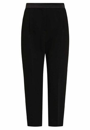 Pantaloni tailored neri con una texture liscia, design a gamba dritta e lunghezza leggermente cropped. Presentano pieghe frontali e una fascia in vita piatta.