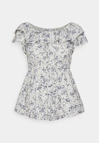 Blusa floral em branco e azul, com mangas curtas franzidas, um corpete ajustado e uma cintura coletada, feita de um tecido leve.