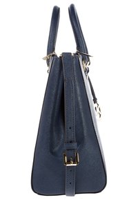 Borsa strutturata di colore blu navy, realizzata in pelle testurizzata. Presenta due manici superiori, una tracolla removibile e accessori in tonalità oro.