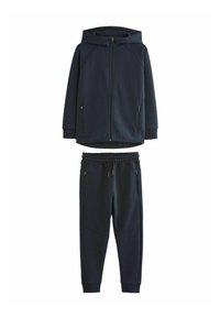 Marineblauwe hoodie met een ritssluiting aan de voorkant en zijzakken, gecombineerd met bijpassende joggingsbroek met een elastische tailleband en taps toelopende benen.