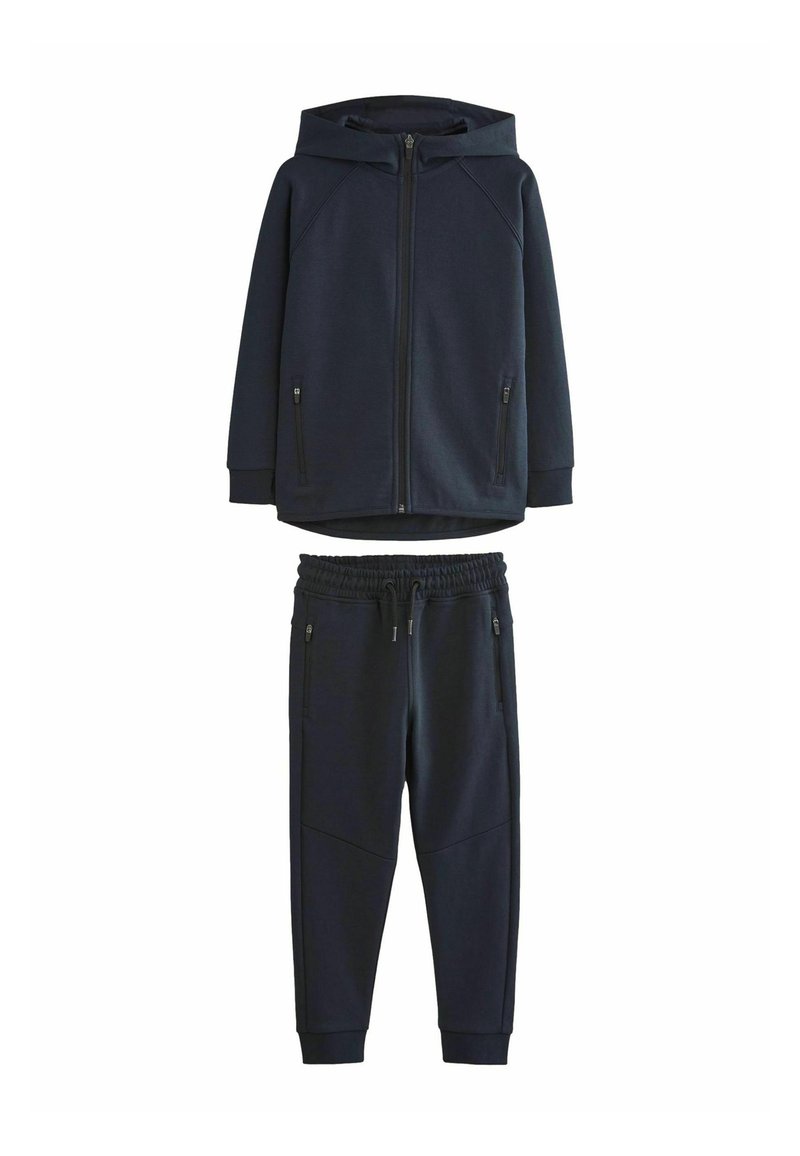 Marineblauwe hoodie met een ritssluiting aan de voorkant en zijzakken, gecombineerd met bijpassende joggingsbroek met een elastische tailleband en taps toelopende benen.