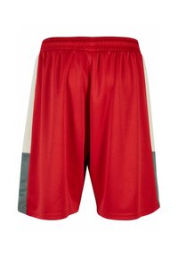 Shorts de sport rouges avec une taille élastique, dotés de panneaux latéraux gris clair et d'une texture lisse et légère.