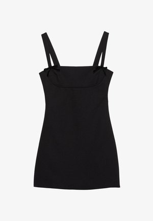 Robe noire sans manches avec une silhouette ajustée. Dispose de fines bretelles avec de petits nœuds aux épaules et une texture lisse.