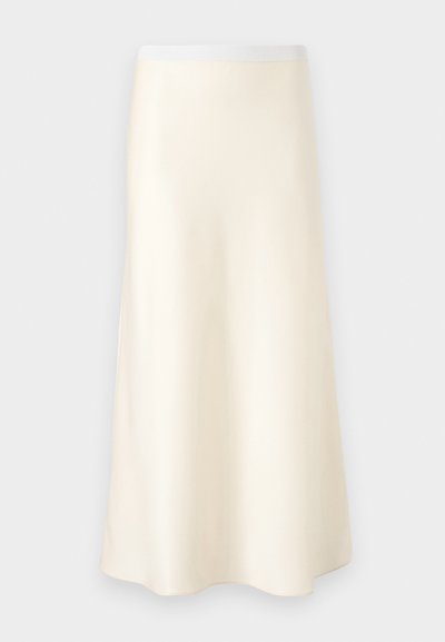 A cream satin A-line skirt with a smooth texture and a wide waistband, featuring a flowing silhouette that drapes gently.