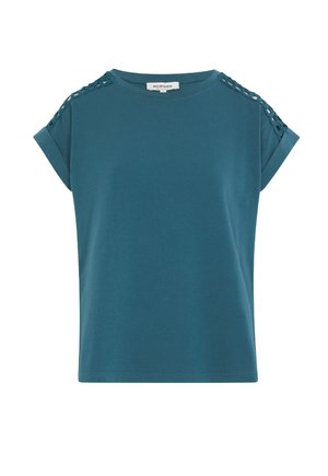 T-shirt in cotone turchese con maniche corte arrotolate, dotato di dettagli con lacci sulle spalle e una vestibilità rilassata. Texture liscia; design casual.