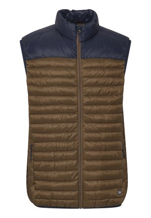 Ruskea puffervest, jossa on vetoketju etuosa, korkea kaulus ja laivaston siniset olkapäät. Siinä on vaakasuora vetoketju ja sivutaskut, joissa on vetoketjut.