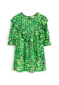 Blouse à imprimé léopard vert avec des détails en volants le long des manches et du col. Équipée de poignets élastiques et d'une coupe ample et fluide.