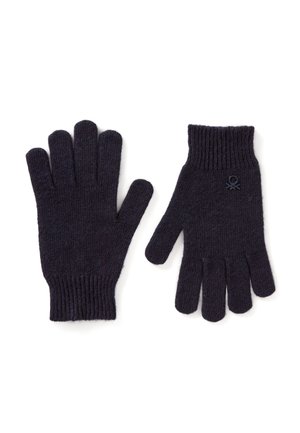 Gants tricotés de couleur bleu marine foncé avec des poignets à côtes. Présentent cinq doigts et un petit logo accent sur la zone du poignet. Texture douce.