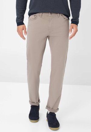 Beige Hosen aus leichtem Material, mit geradem Bein, Knopfverschluss und zwei Taschen auf der Vorderseite.