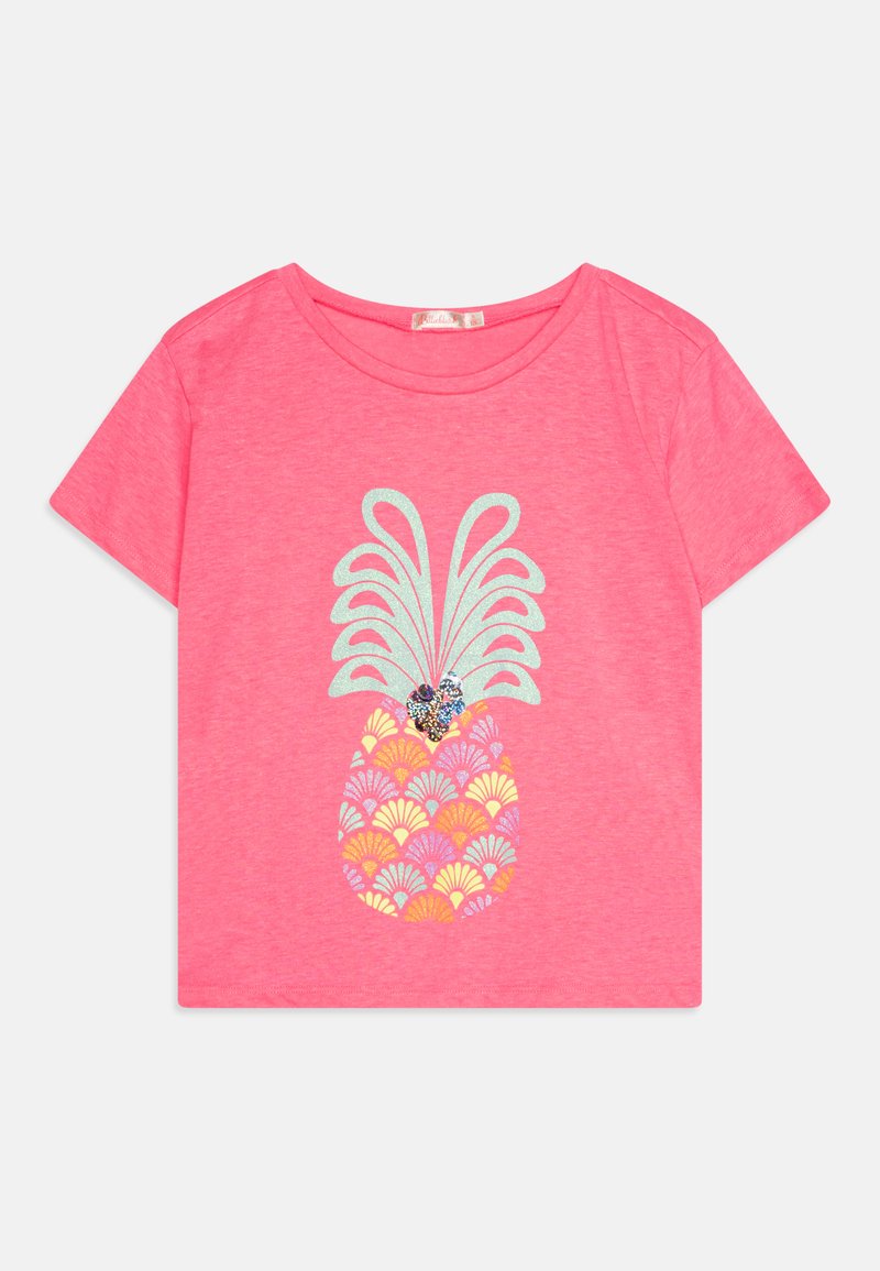 Rožinė trumpomis rankovėmis marškinėliai su ananaso grafika, puošti blizgučiais, ryškių raštų geltonos, rožinės ir akvamarino spalvose, bei švelni tekstūra.