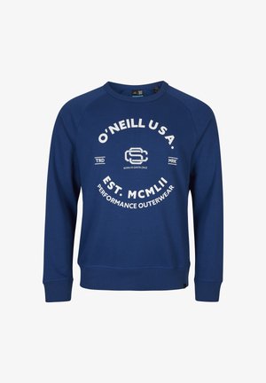 Sudadera azul con cuello redondo con texto blanco "O'Neill USA" y logo, con las inscripciones "Born in Santa Cruz" y "EST. MCMLII Performance Outerwear".