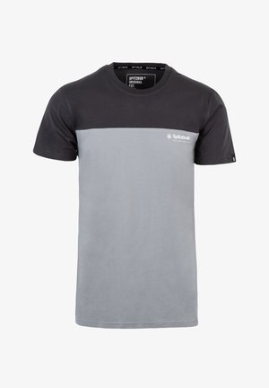 Short-sleeve cotton T-shirt featuring a black upper section, grey lower section, and a small white logo on the left chest.