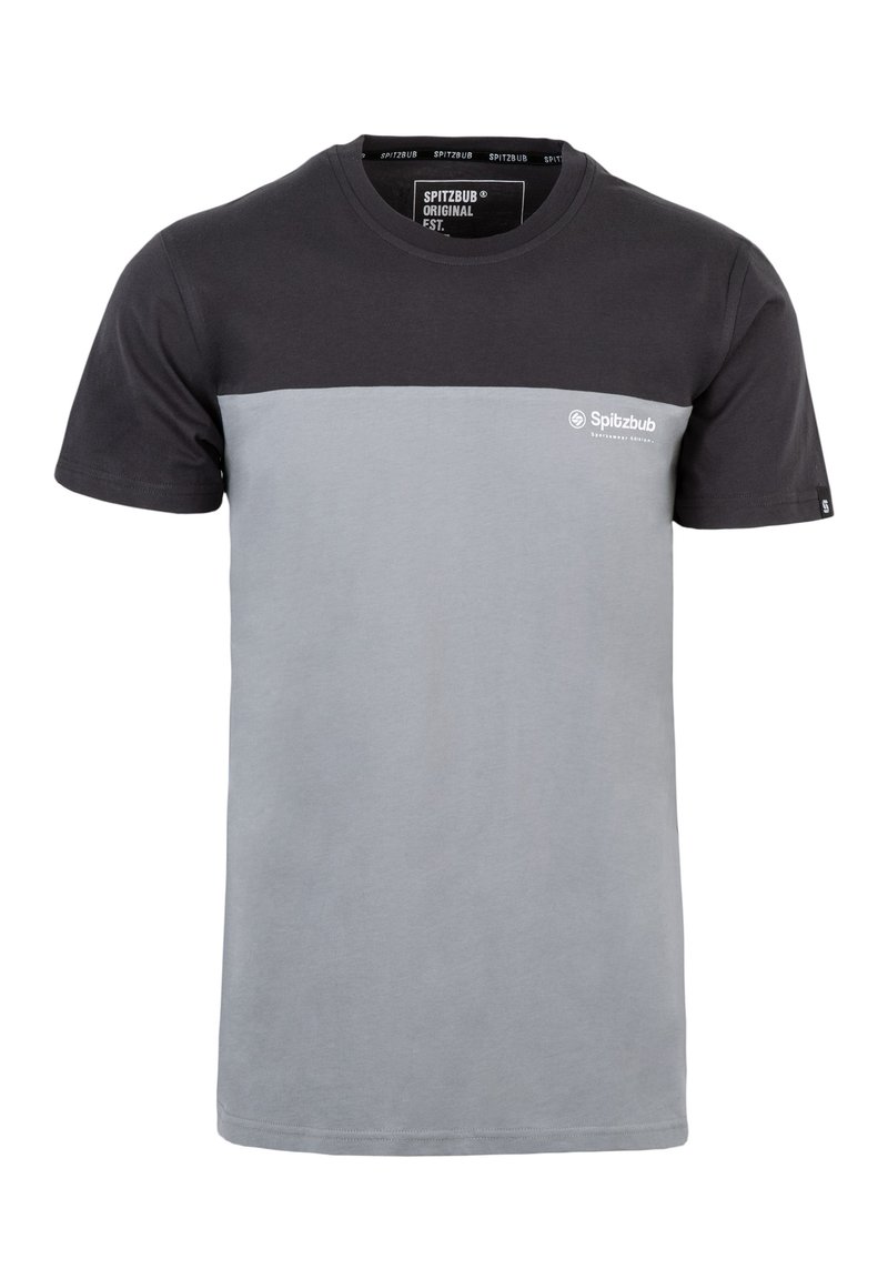 Korte mouwen katoenen T-shirt met een zwart bovenstuk, grijs onderstuk en een klein wit logo op de linkerborst.