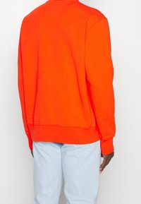 Oranžová mikina s kulatým výstřihem a dlouhými rukávy. Obsahuje žebrované manžety a lem. V kombinaci se světlemodrými denimovými džínami.
