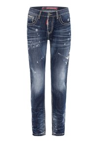 Dunkelblaue Denim-Jeans mit schmalem Schnitt, die mit abgenutzten Details, leichter Verblassung und kontrastierenden weißen Nähten entlang der Nähte ausgestattet sind.