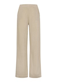 Beżowe spodnie o szerokich nogawkach wykonane z lekkiego materiału. Charakteryzują się gładką fakturą, elastycznym pasem oraz dwoma bocznymi kieszeniami.