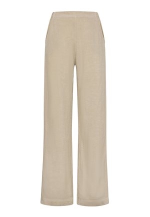Pantalones beige de pierna ancha hechos de tela ligera. Presentan una textura suave, cintura elástica y dos bolsillos laterales.