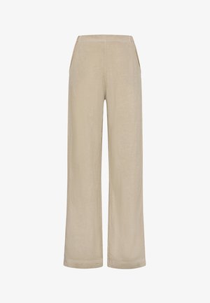 Pantalones beige de pierna ancha hechos de tela ligera. Presentan una textura suave, cintura elástica y dos bolsillos laterales.