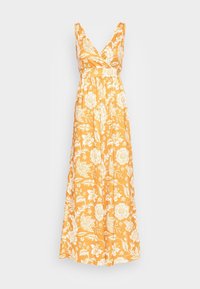 Robe maxi florale jaune avec un décolleté en V, design enroulé et taille froncée ; présente des motifs botaniques blancs tout au long.