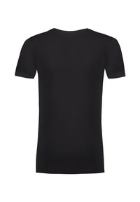 T-shirt noir à manches courtes en tissu lisse, avec un col rond et une coupe ajustée, au design épuré et simple.