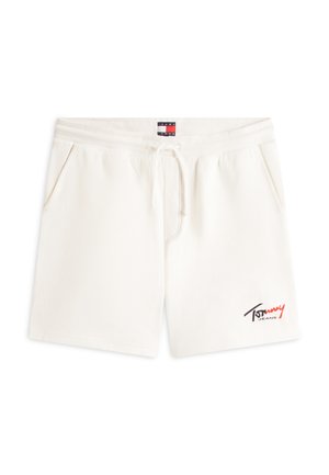 Weiße Baumwoll-Shorts mit Kordelzug, Seitentaschen und "Tommy Jeans"-Logo am linken Bein sowie einem Etikett am Bund.