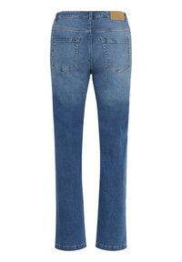 Modré džínsy z denimu so strihom na rovné nohy, dvoma zadnými vreckami a koženou značkovou nášivkou na páse v hnedej farbe.