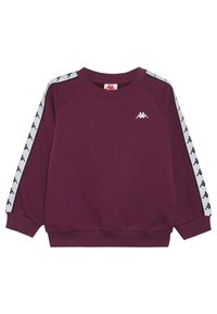 Sudadera morada con mangas raglán, que presenta un logo blanco en el pecho y franjas laterales en contraste con un patrón repetido. Tejido suave.