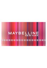 Maybelline New York läpprodukter arrangerade i gradientfärger från ljusrosa till mörk plommon, med eleganta, matta förpackningar och tydliga etiketter.